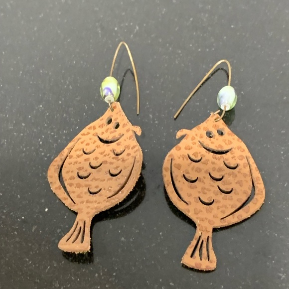 Columbia Jewelry Fish Earrings Flounder Faux Leather Laser Cut